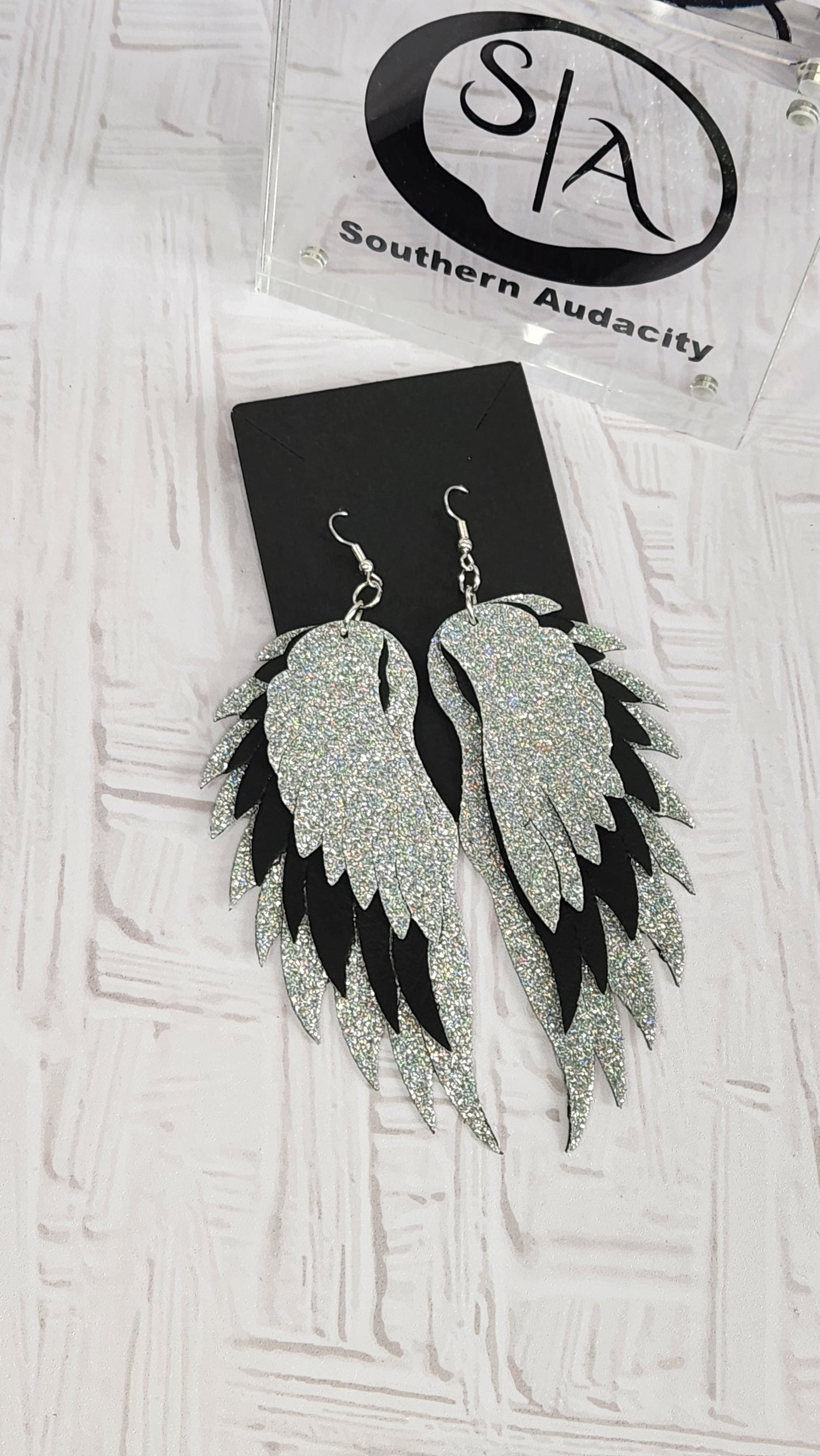 Sparkling Wings Faux Leather and Glitter Earrings