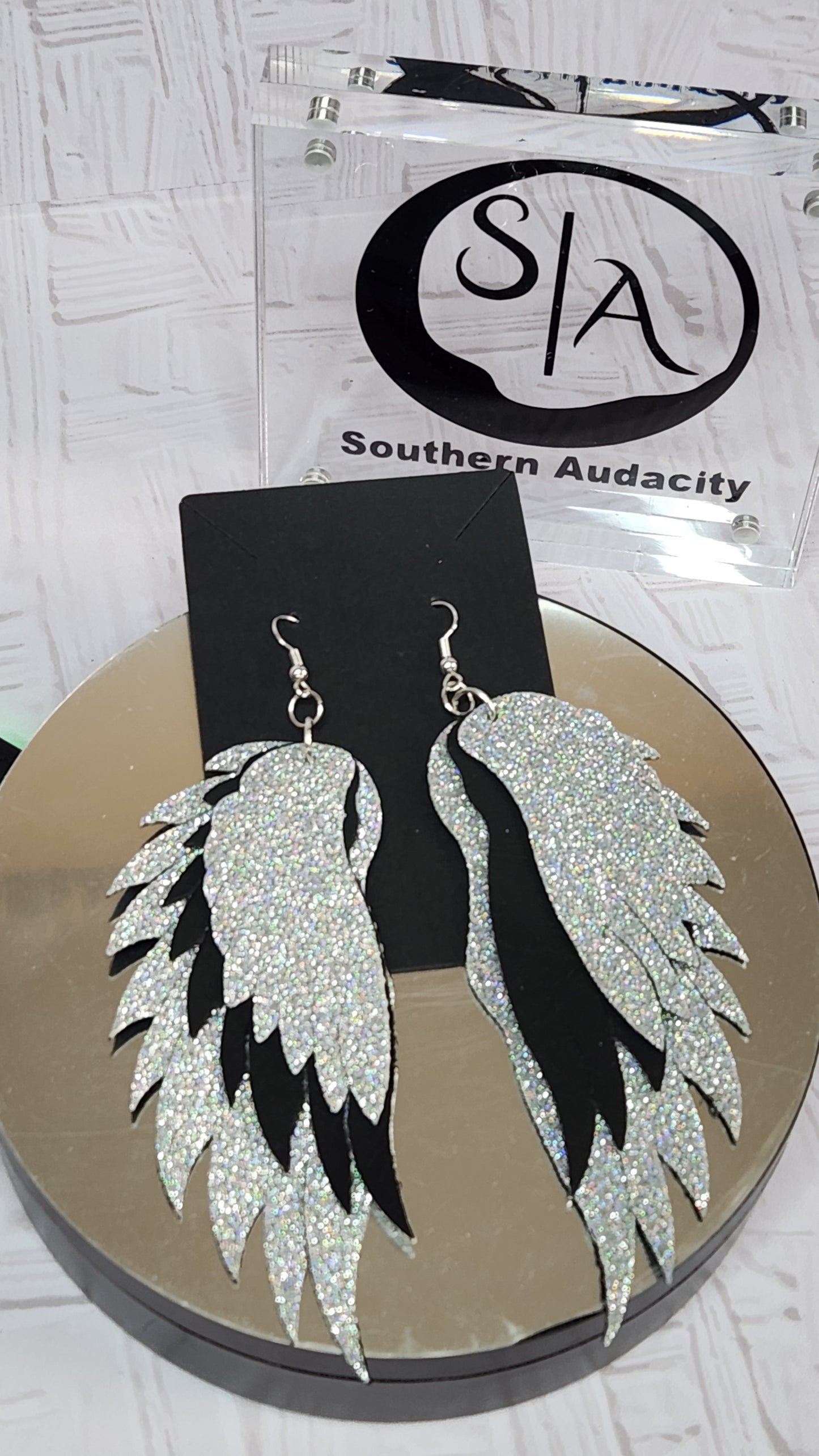 Sparkling Wings Faux Leather and Glitter Earrings