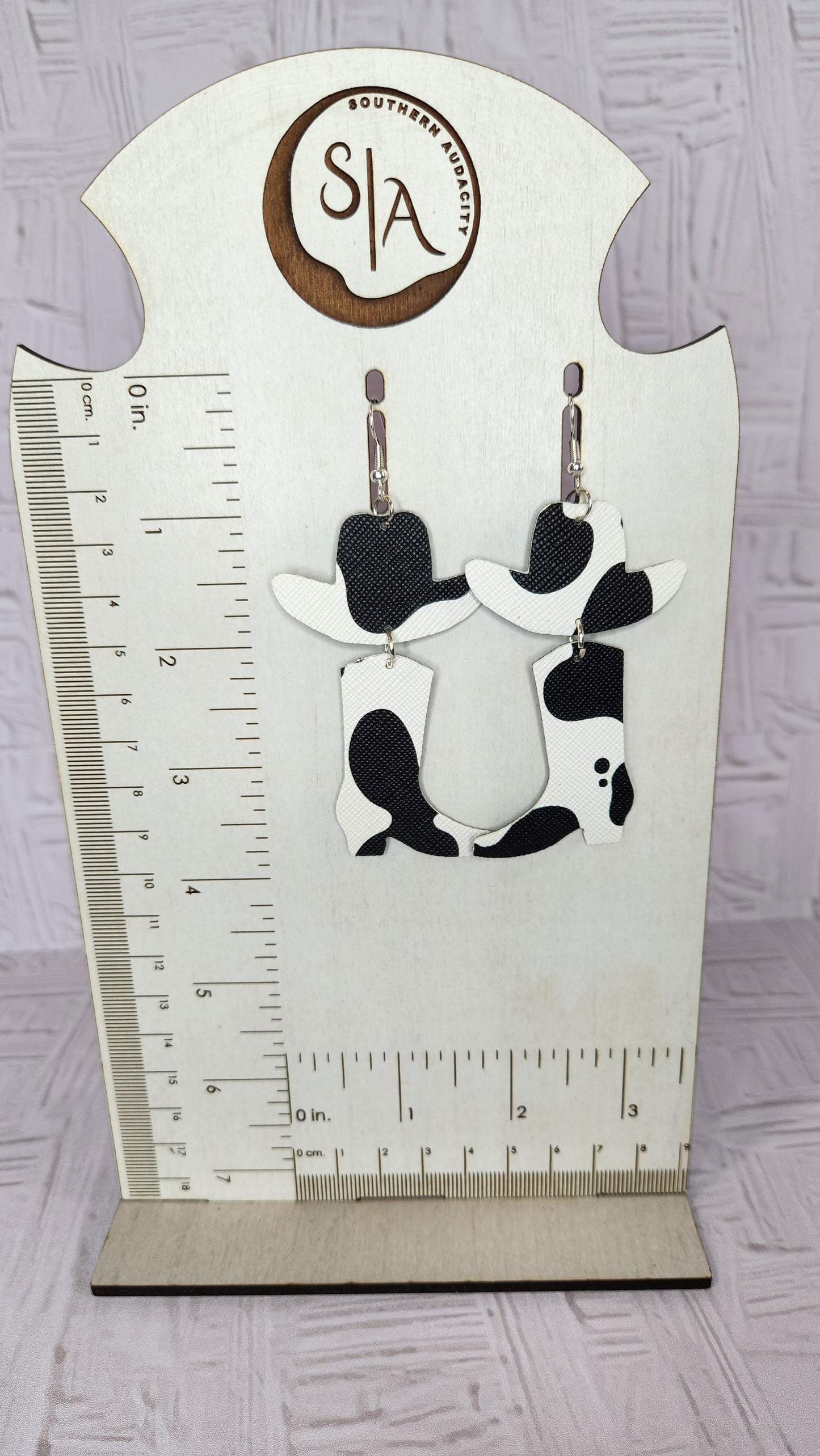 Cow Print Cowboy Boot and Hat Faux Leather Earrings