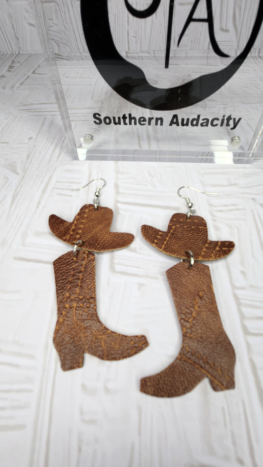 Cow Girl Hat and Boot Tooled Faux Leather Earrings - Dk Brown
