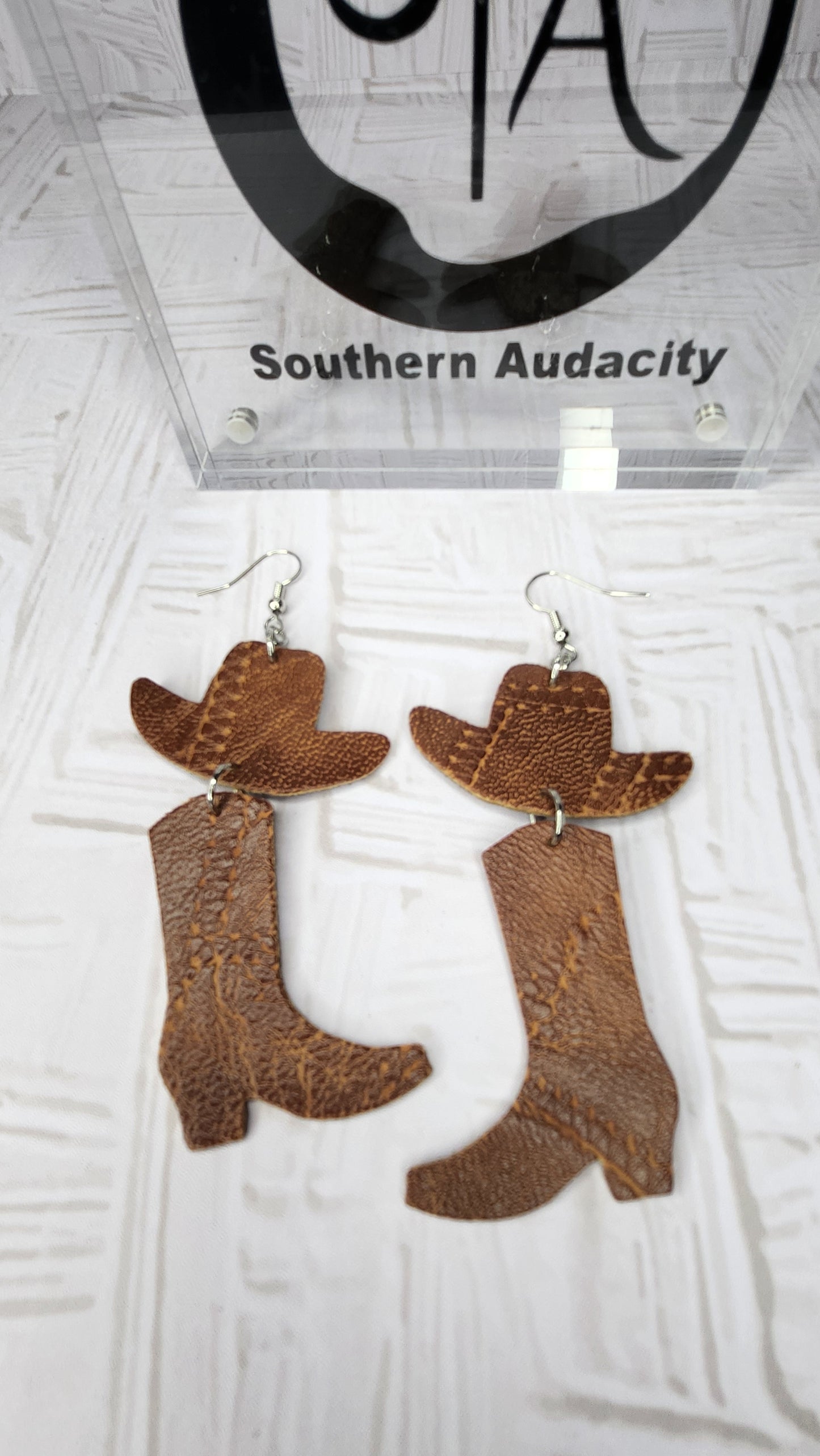 Cow Girl Hat and Boot Tooled Faux Leather Earrings - Dk Brown