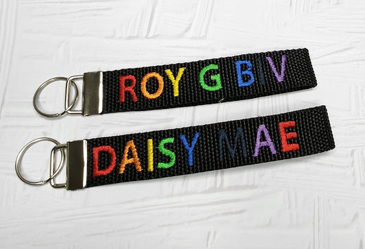 ROYGBIV thread color Embroidered Key Fob/ Wristlet Key Chain Personalized Keyfob