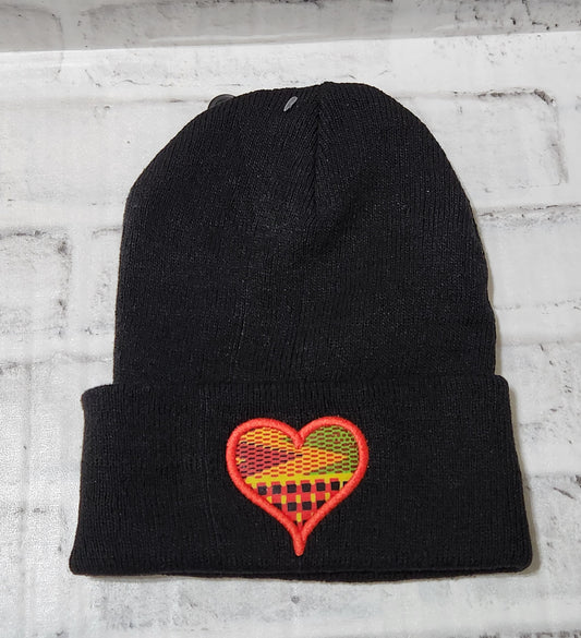 Kente Cloth Heart Embroidered Beanie Knitted Cap