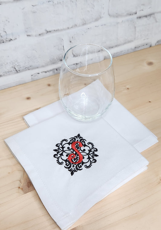 Embroidered Monogram Cocktail Napkins- 12x12 inches -Demask